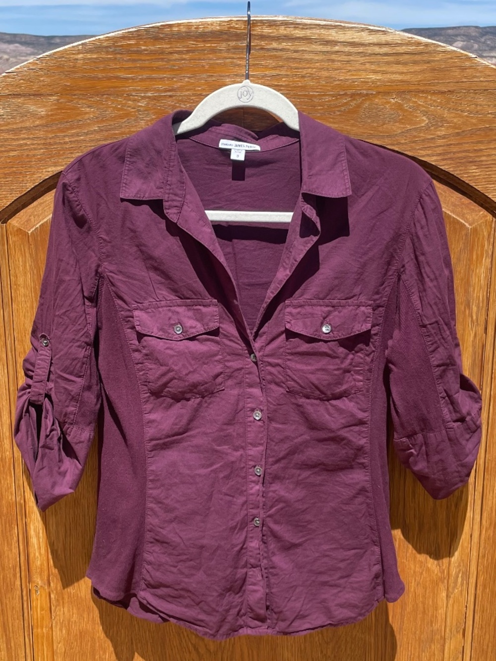 Standard James Perse 3/4 Sleeve Button Up Collared Cotton Shirt Red Burgundy 3/L
